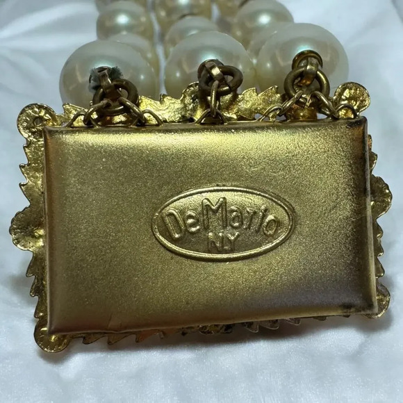 DE MARIO Vintage 1940s Bracelet Pearl Crystal  Rhinestones Floral Metal Beadwork - Picture 8 of 8